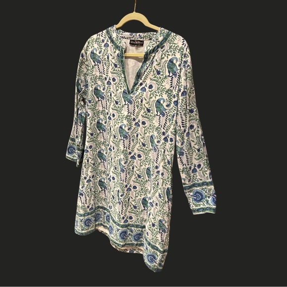 LIZA BYRD The Brie Cotton Block Print Dress Green Blue Floral Bird Print XL - Picture 6 of 13